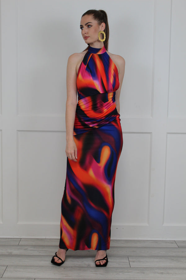 flounce london Halter Neck Maxi Dress In Blur Print