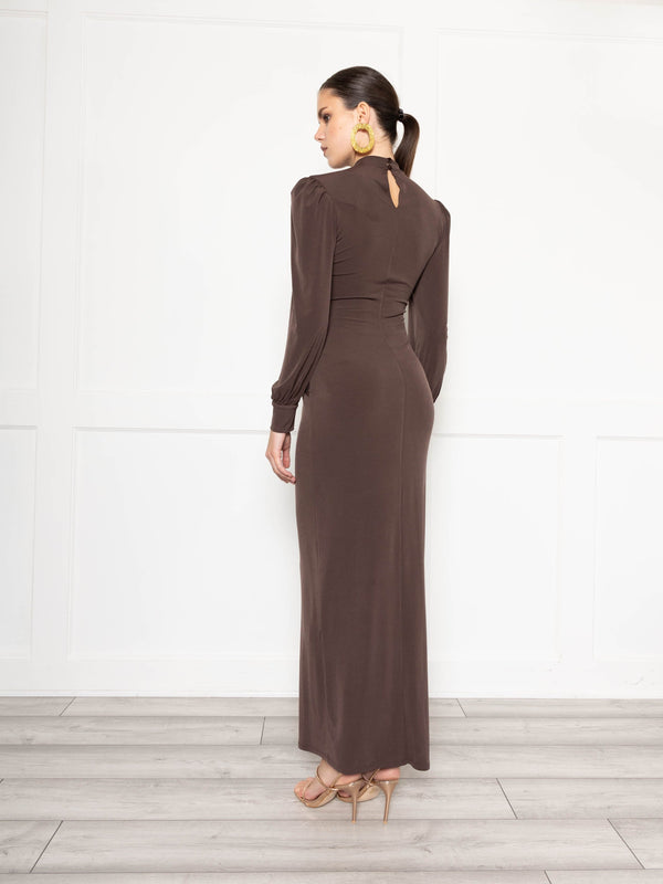 Flounce London High Neck Maxi Dress With Ruched Detail In Chocolate