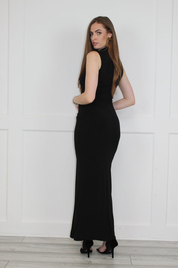 Flounce London High Neck Sleeveless Maxi Dress With Ruched Detail In Black