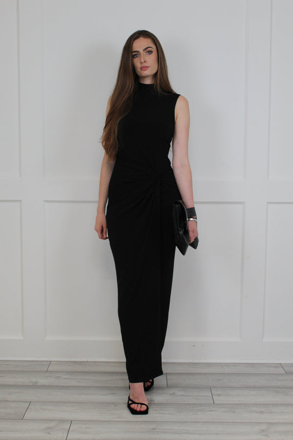 Flounce London High Neck Sleeveless Maxi Dress With Ruched Detail In Black