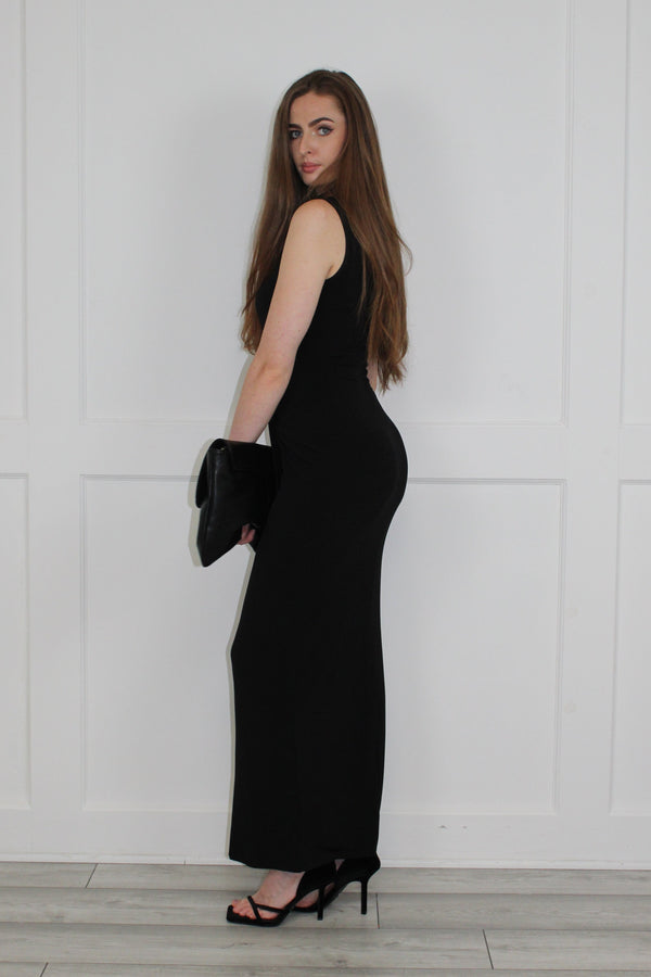 Flounce London High Neck Sleeveless Maxi Dress With Ruched Detail In Black