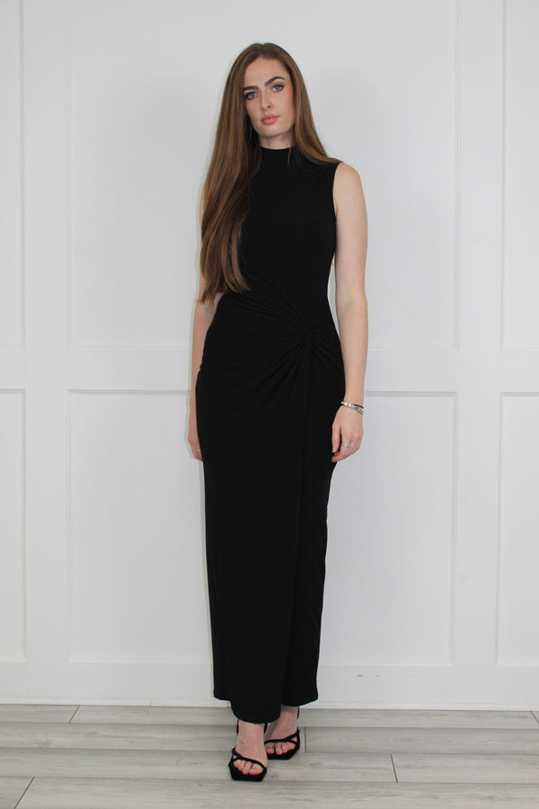 flounce london High Neck Sleeveless Maxi Dress With Ruched Detail In Black