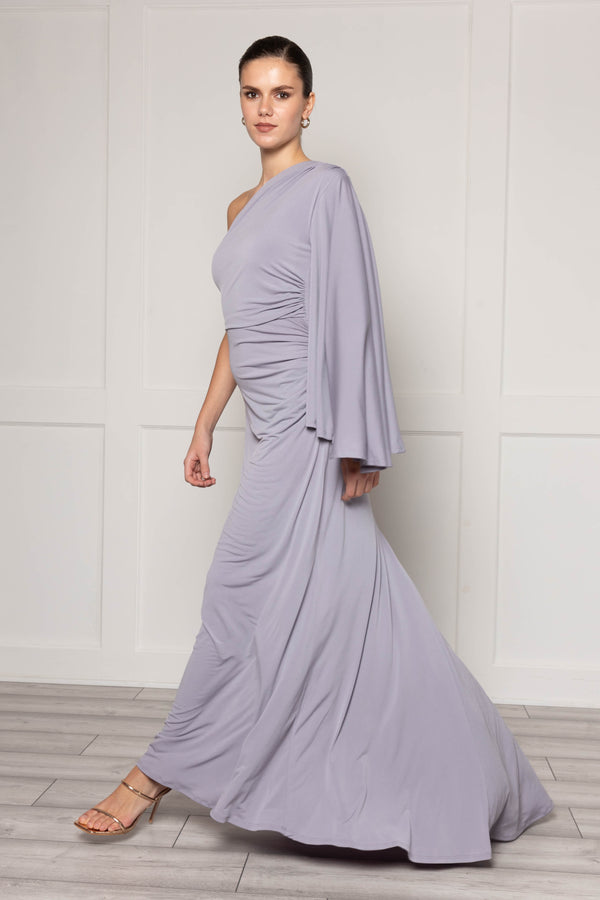 Flounce London One Shoulder Maxi Dress With Sleeve And Fishtail Skirt In Grey