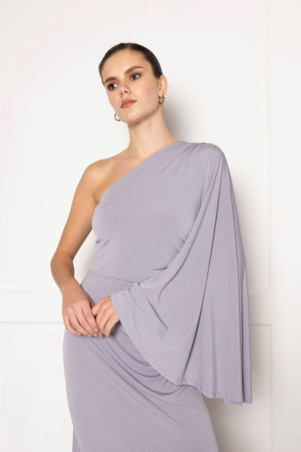 Flounce London One Shoulder Maxi Dress With Sleeve And Fishtail Skirt In Grey