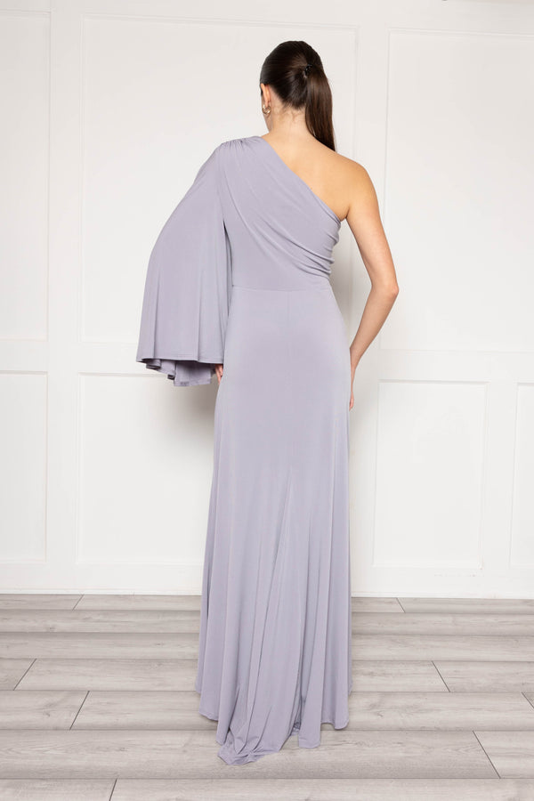 Flounce London One Shoulder Maxi Dress With Sleeve And Fishtail Skirt In Grey