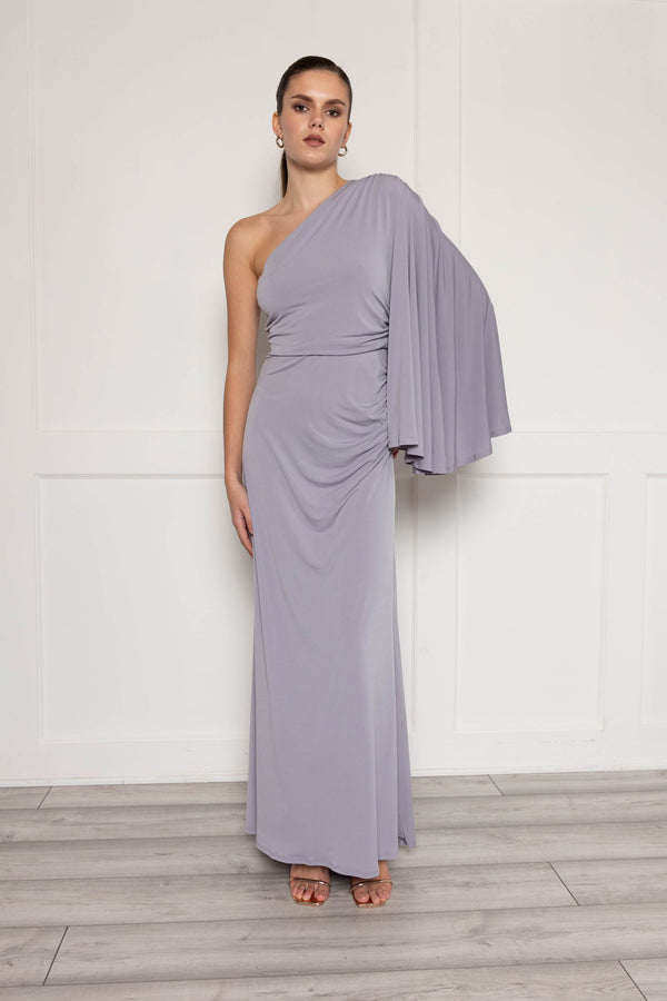 flounce london One Shoulder Maxi Dress With Sleeve And Fishtail Skirt In Grey