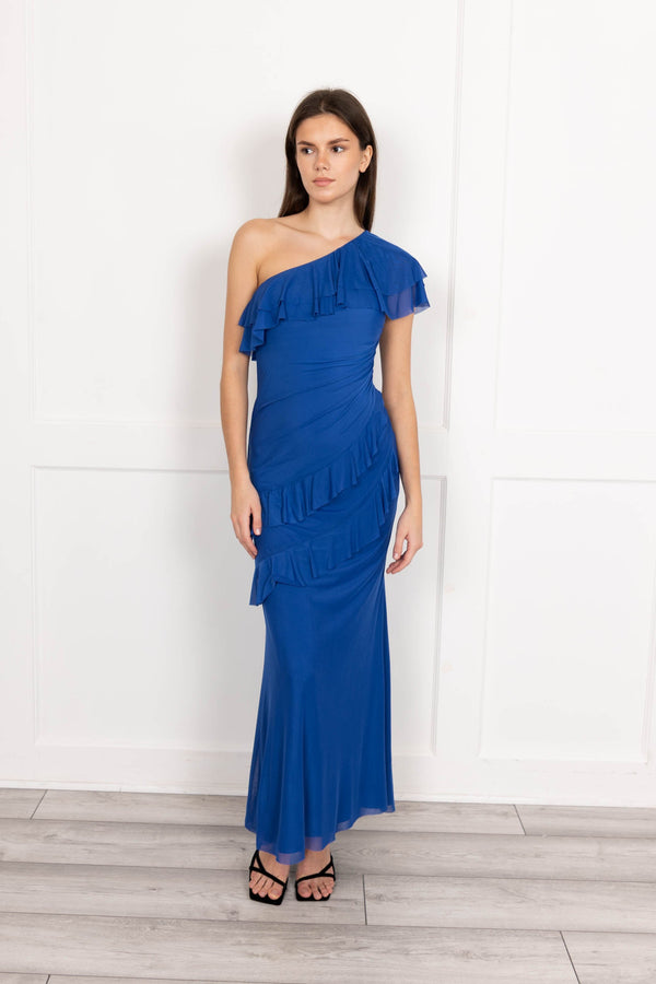 flounce london One shoulder mesh maxi dress in cobalt