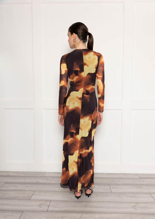 Flounce London Plunge Front Mesh Maxi Dress With Twist Front In Brown Print