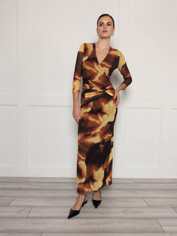 Flounce London Plunge Front Mesh Maxi Dress With Twist Front In Brown Print