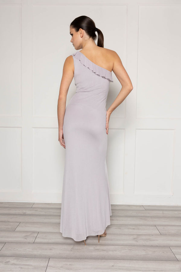 Flounce London Ruched Mesh Maxi Dress With Frill Detail In Grey