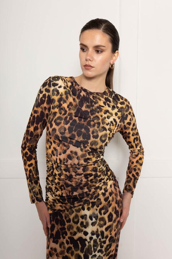 Flounce London Ruched Midaxi Dress With Drape Detail In Leopard Print