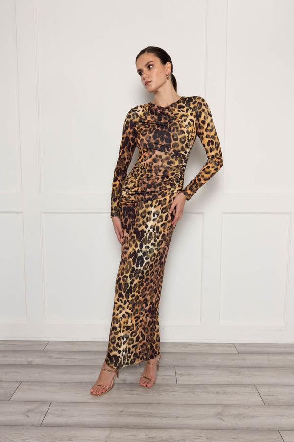 flounce london Ruched Midaxi Dress With Drape Detail In Leopard Print