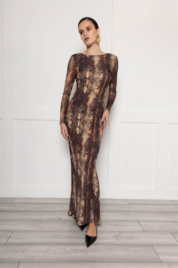 Flounce London Sheer Sleeve Maxi Dress With Fishtail In Snake Print
