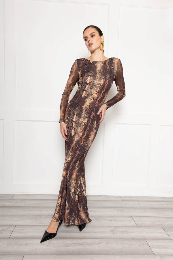 flounce london Sheer Sleeve Maxi Dress With Fishtail In Snake Print
