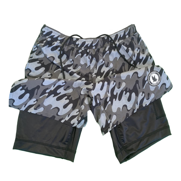 Flow Society Mens 2-1 Compression 7" Bubble Camo Short Silver