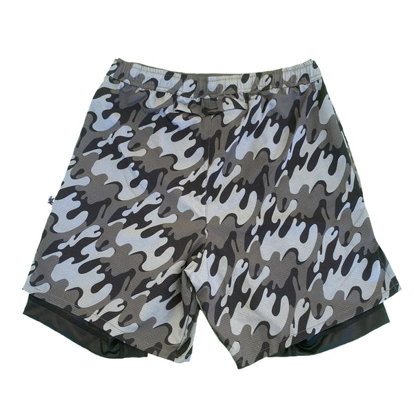 Flow Society Mens 2-1 Compression 7" Bubble Camo Short Silver