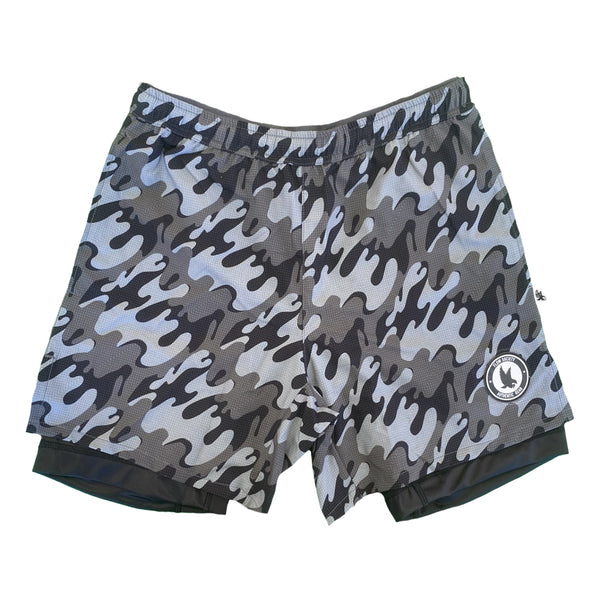 flow society Mens 2-1 Compression 7" Bubble Camo Short Silver