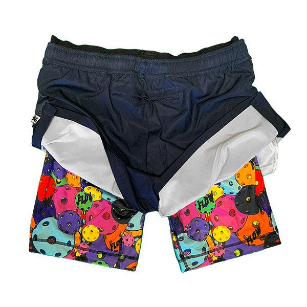 Flow Society Mens 2-1 Compression Navy/Neon Motley Pickleball 7" Shorts Navy/ Multi Neon Motley