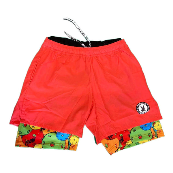 flow society Mens 2-1 Compression Red/Motley Pickleball 7" Shorts Red/ Multi Org Motley