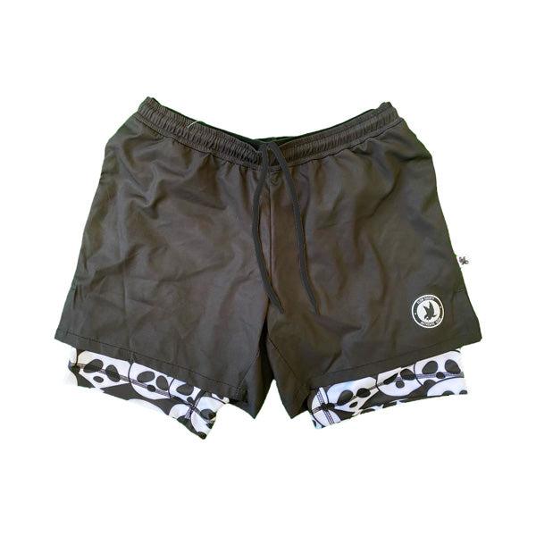 flow society Mens 2-1 Compression Solid Black Panda 7" Shorts Black