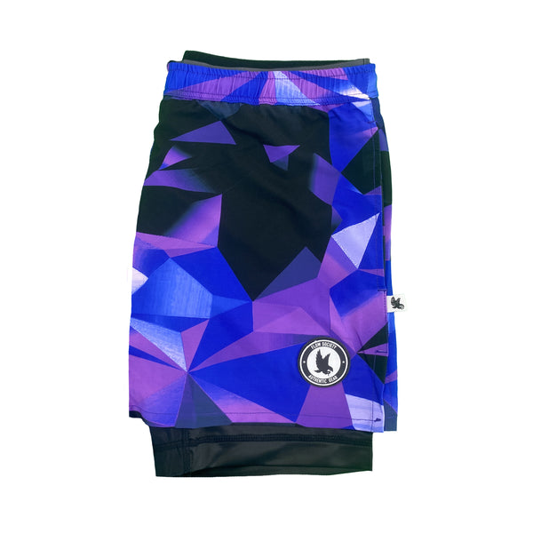 Flow Society Mens 2-1 Diamond Geo Blue Purple Compression 7" Short Blue Purple