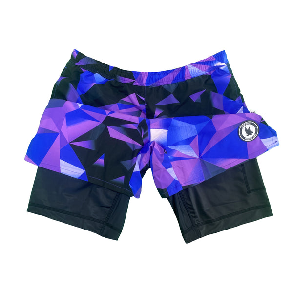 Flow Society Mens 2-1 Diamond Geo Blue Purple Compression 7" Short Blue Purple
