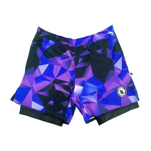 flow society Mens 2-1 Diamond Geo Blue Purple Compression 7" Short Blue Purple