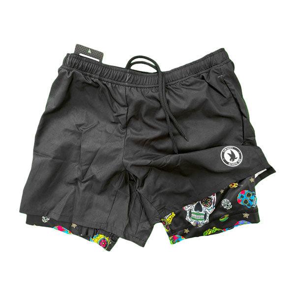 flow society Mens 2-1 Solid Black Sugar Skullz Compression 7" Short Black