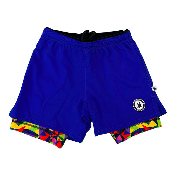 Flow Society Mens 2-1 Solid Blue Kaleido Flow Compression 7" Short Blue/Multi