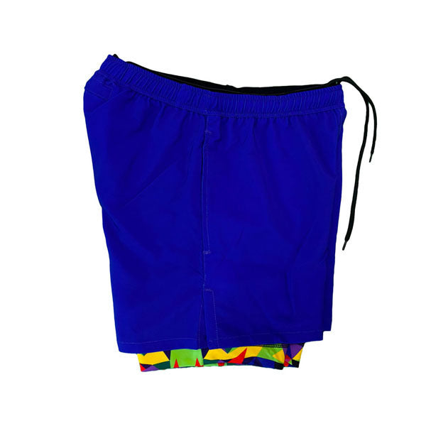 Flow Society Mens 2-1 Solid Blue Kaleido Flow Compression 7" Short Blue/Multi