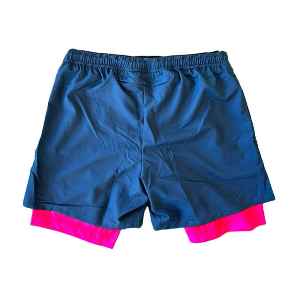 Flow Society Mens 2-1 Solid Compression Navy With Neon Pink Liner 7" Short Navy/Neon Pink