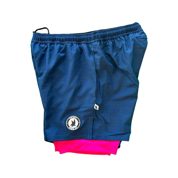Flow Society Mens 2-1 Solid Compression Navy With Neon Pink Liner 7" Short Navy/Neon Pink
