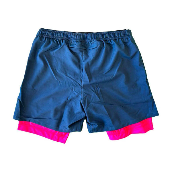 Flow Society Mens 2-1 Solid Compression Navy With Neon Pink Liner 7" Short Navy/Neon Pink