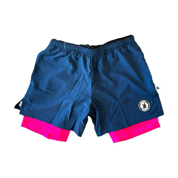 flow society Mens 2-1 Solid Compression Navy with Neon Pink Liner 7" Short Navy/Neon Pink
