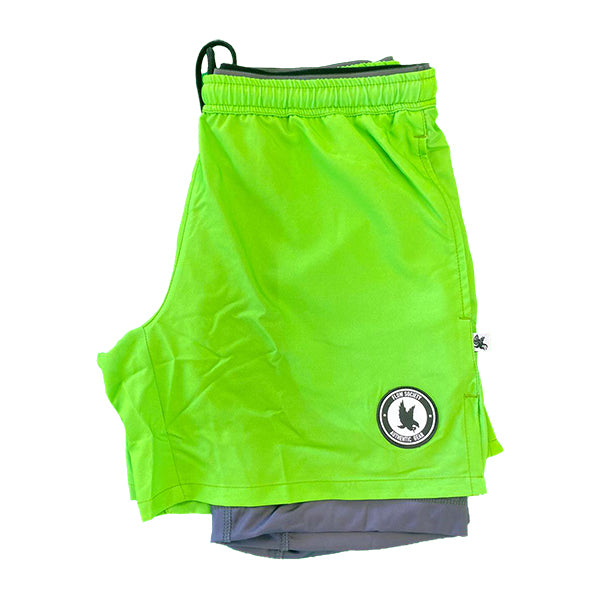 Flow Society Mens 2-1 Solid Compression Neon Green With Charcoal Liner 7" Short Neon Green/Charcoal Liner