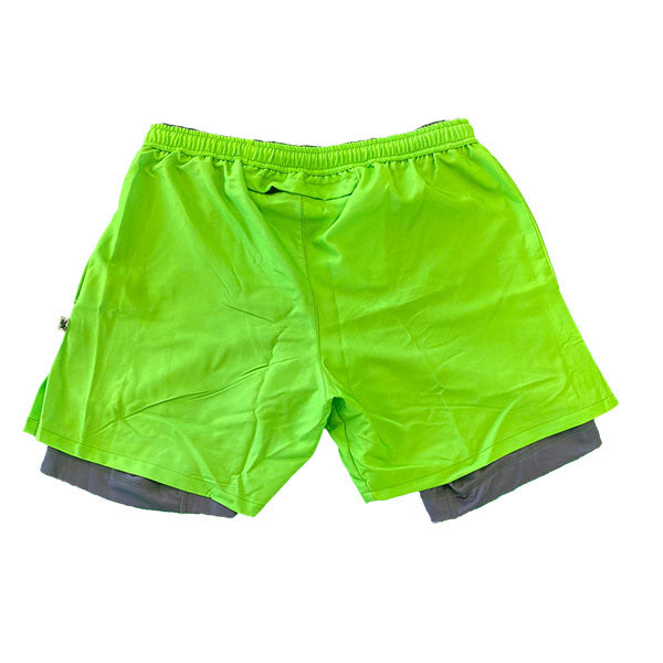 Flow Society Mens 2-1 Solid Compression Neon Green With Charcoal Liner 7" Short Neon Green/Charcoal Liner
