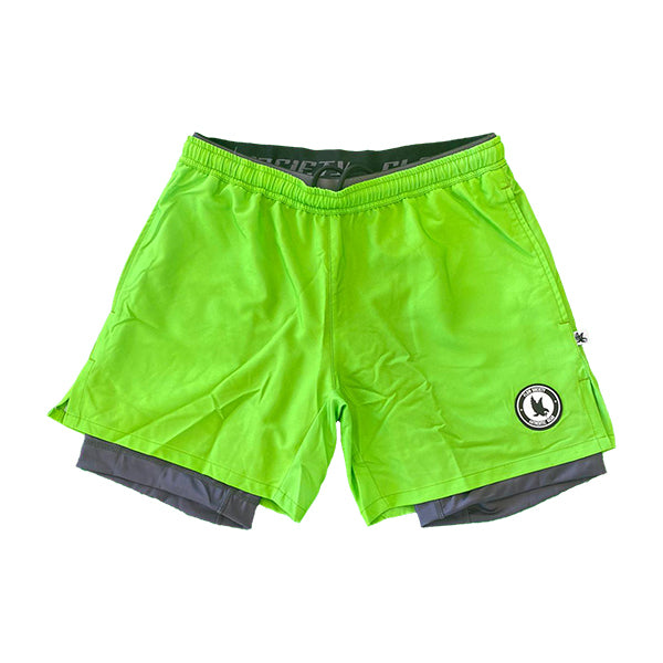 flow society Mens 2-1 Solid Compression Neon Green with Charcoal Liner 7" Short Neon Green/Charcoal Liner