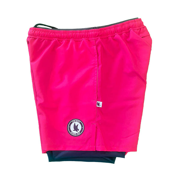 Flow Society Mens 2-1 Solid Compression Neon Pink With Navy Liner 7" Short Neon Pink/Navy Liner
