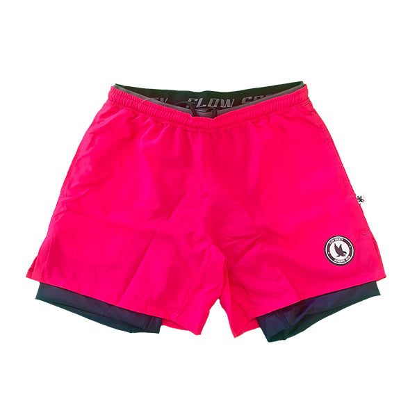 flow society Mens 2-1 Solid Compression Neon Pink with Navy Liner 7" Short Neon Pink/Navy Liner