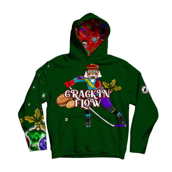 flow society Youth & Adult Nutcracker Hockey Holiday Hoodie Dark Green
