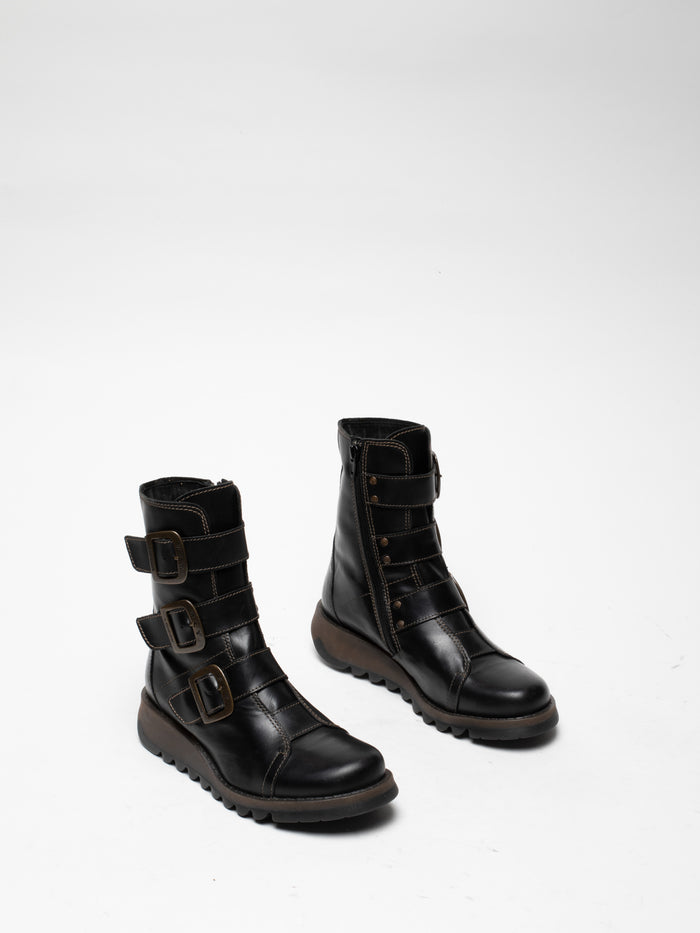 Flowfold Black Leather Buckle Ankle Boots
