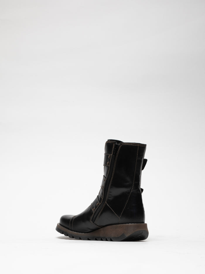 Flowfold Black Leather Buckle Ankle Boots