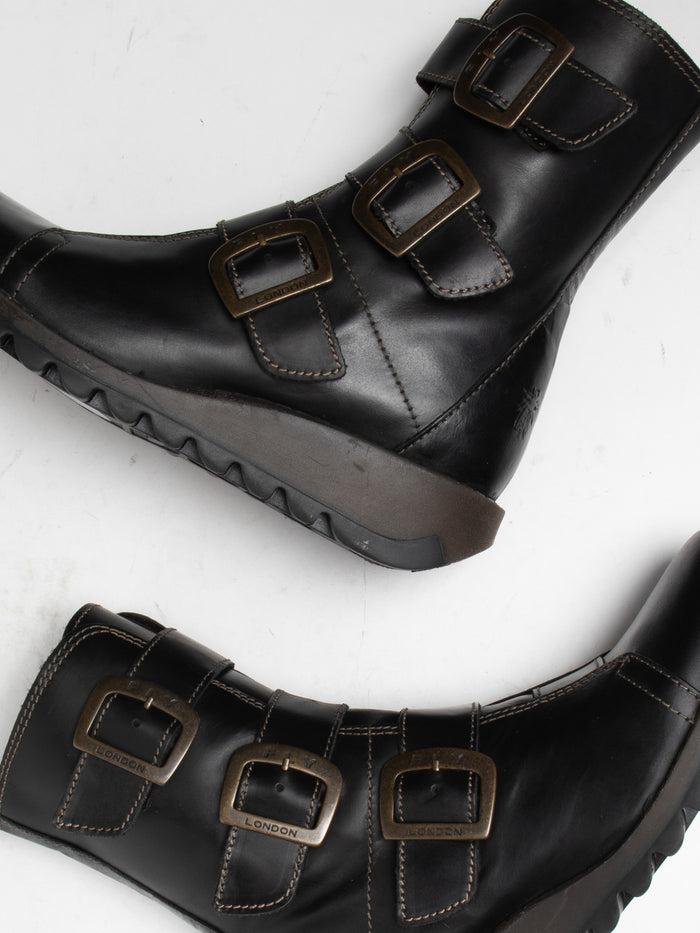 Flowfold Black Leather Buckle Ankle Boots