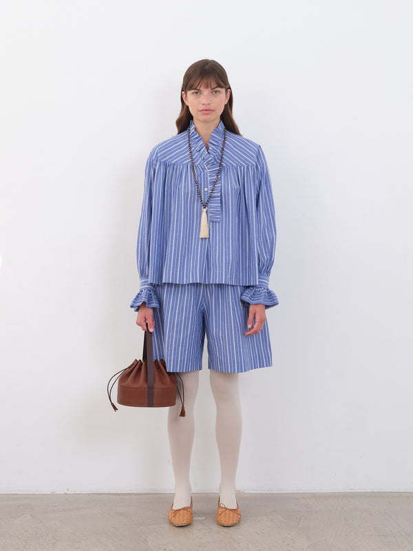 folk Cawley - Japanese Mugwasher Stripe Sophie Shirt - French Blue/Ecru