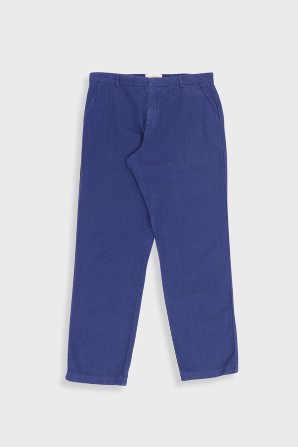 folk Fixed Waistband Cotton Linen Trouser - Deep Blue