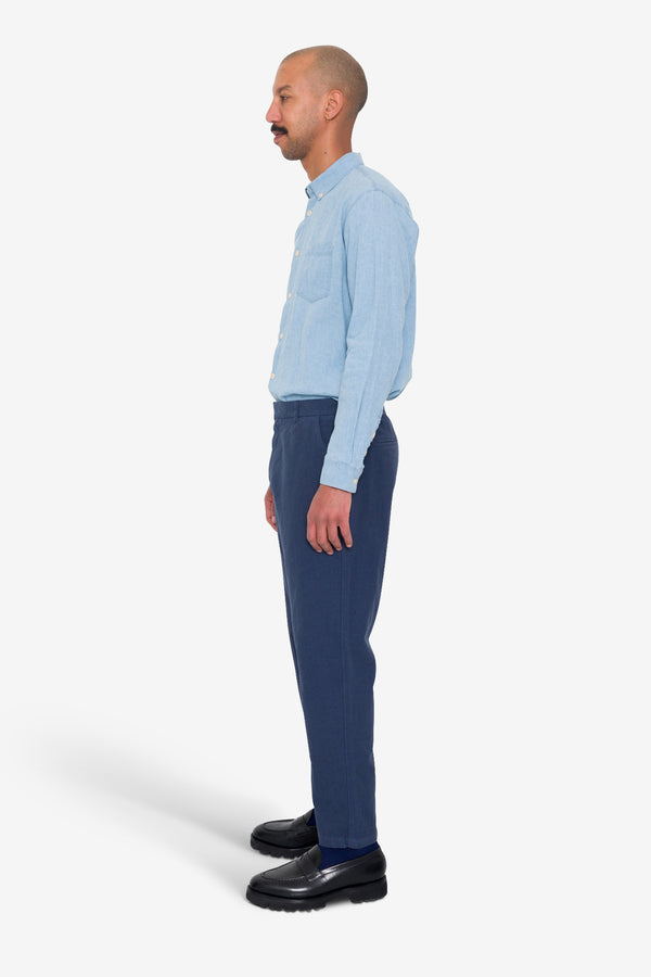 Folk Fixed Waistband Cotton Linen Trouser - Soft Navy