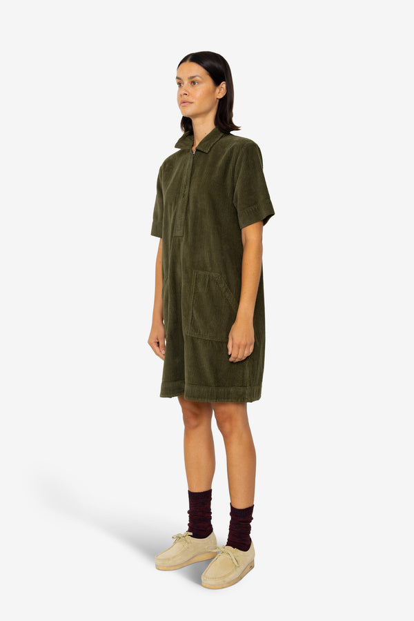Folk A-Line Zip Dress - Olive Cord