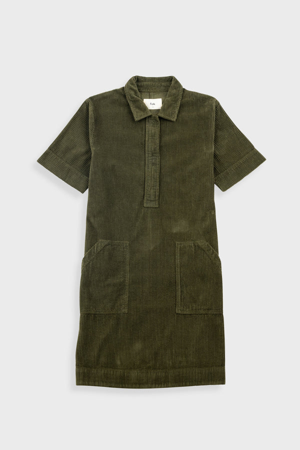 folk A-Line Zip Dress - Olive Cord