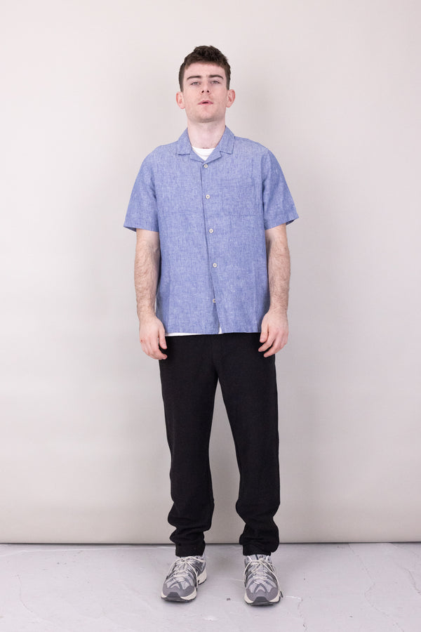 folk Amalfi Short Sleeve Revere Shirt - Mid Blue