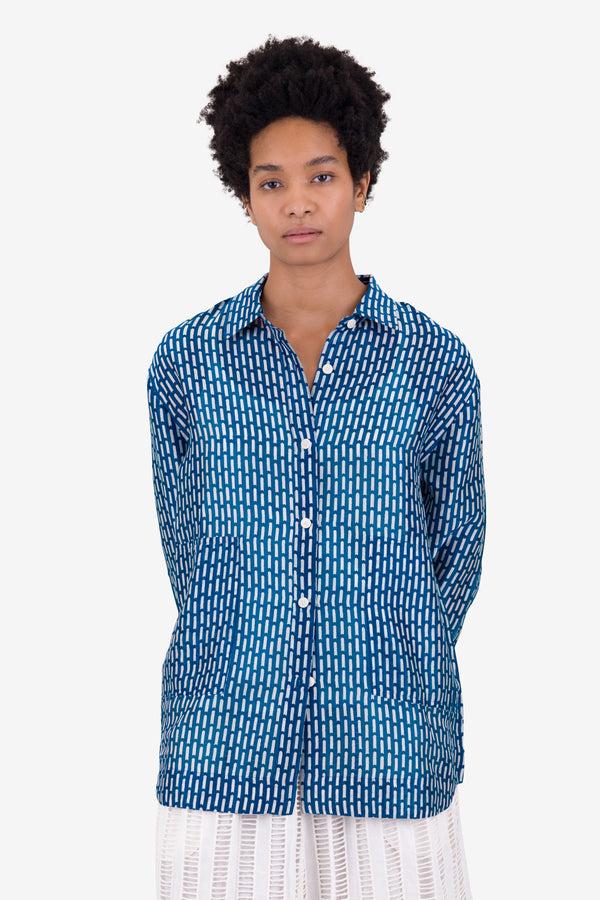 Folk Boyfriend Shirt - Cobalt Ecru Dash Print